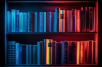 Books arranged on wooden shelves illuminated by dramatic red and blue neon lighting creating mysterious atmosphere for library or bookstore interior design.