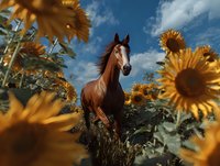 Brown horse standing in sunflower field under blue sky with white clouds. Suitable for equestrian, agriculture, nature and lifestyle design projects.