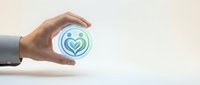Businessman hand protecting family health insurance symbol with heart and people icons representing healthcare coverage and protection services.