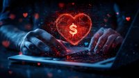Digital finance concept with glowing red heart and dollar symbol over laptop keyboard, hands typing in dark atmosphere with bokeh hearts effect. For banking and fintech.