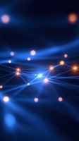 Glowing network connections with blue light streams and orange nodes on dark background, representing digital communication and data transfer technology.