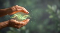 Protective hands cupping glowing green energy waves with sparkling light effects against soft natural background for environmental conservation concepts.
