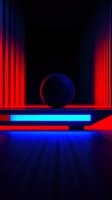 Mysterious sphere on illuminated platform with dramatic red and blue neon lighting creates futuristic atmosphere against dark background with vertical light bars.