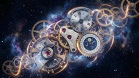 Intricate clockwork mechanism with golden gears and timepieces floating in cosmic space with nebula and stars creating mystical steampunk atmosphere.