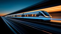 Modern high-speed train in motion with light trails against dark blue sky at sunset, dynamic perspective view showing speed and technological advancement in rail transport.