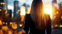 Young Caucasian woman with long hair in business attire looking at urban sunset cityscape with bokeh lights, back view. Concept of success, future goals and career.