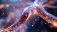 Glowing neural synapses with orange and blue bokeh effect in dark background showing brain cell connections and neurotransmitter activity in microscopic view.