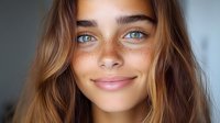 Young woman with freckles and blue eyes smiling at camera with natural makeup and wavy brown hair for beauty and skincare concepts.