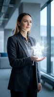 Professional businesswoman holding glowing star symbol in modern office representing success, achievement and excellence in corporate environment.