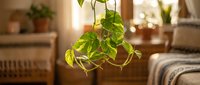 Pothos plant hanging in bright modern bedroom with natural sunlight streaming through window creating warm cozy atmosphere for home decor and indoor gardening.