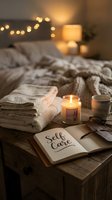 Cozy bedroom self care setup with open journal, lit candle, folded towels, mug, and warm fairy lights in soft bokeh background.