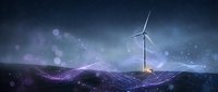 Wind turbine glowing at night with purple digital wave lines and bokeh lights, symbolizing clean energy innovation and smart technology.