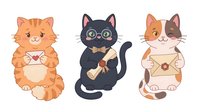 Three adorable cartoon cats holding love letters and envelopes, perfect for Valentine's Day greeting cards, romantic messaging and cute communication designs.