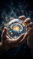 Hands holding glowing crystal sphere with brain neural network and mathematical formulas, representing artificial intelligence, data science, and futuristic technology concepts.