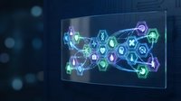 Digital healthcare network with glowing medical icons and hexagonal interface elements on futuristic transparent screen for telemedicine applications.
