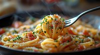 Steaming hot spaghetti pasta twirled on fork with crispy bacon bits, fresh herbs and parmesan cheese garnish in rustic setting, macro food photography.