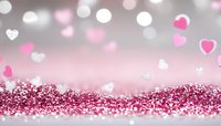 Pink and silver glitter background with floating heart shapes creates romantic atmosphere for Valentine's day cards, wedding invitations and love-themed designs.