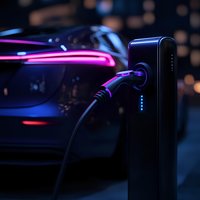 Electric vehicle charging station illuminated with vibrant pink and blue neon lights at night, creating modern urban atmosphere with blurred bokeh background.