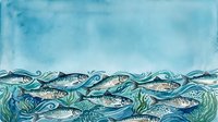 Watercolor school of fish swimming in ocean waves with seaweed, hand-drawn marine art in blue tones for prints and cards.