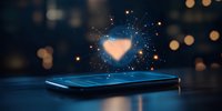Glowing heart hologram floating above smartphone screen with sparkles and bokeh lights in dark blue atmosphere. Digital love concept for social media.