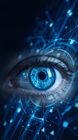 Futuristic human eye with glowing blue digital interface and circuit patterns for technology and artificial intelligence concepts.