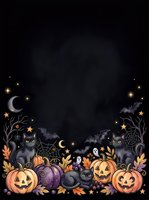 Spooky night scene with black cats, jack-o-lanterns, bats, moons, stars, and autumn leaves on dark background. Perfect for seasonal designs and decorations.