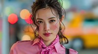 Young Asian businesswoman in pink shirt standing confidently on busy city street with colorful bokeh lights and yellow taxi background for corporate lifestyle.
