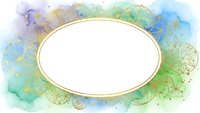 Elegant oval frame with watercolor splashes in blue green purple tones and golden floral ornaments for wedding invitations greeting cards design.