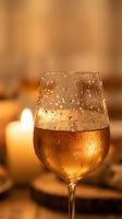 Sparkling wine glass with golden bubbles and candlelight creating warm romantic atmosphere for celebration dinner party or special occasion dining.