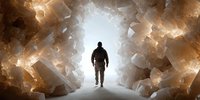 Silhouette of person walking through luminous crystal cave tunnel with glowing geometric formations and bright light ahead creating mystical underground passage.