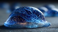 Translucent blue gel bubble with sparkling glitter particles on textured surface creating abstract liquid art for modern design projects.