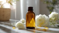 Amber glass essential oil bottle with white roses on sunlit windowsill, creating serene spa atmosphere for wellness and aromatherapy products.