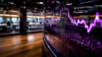 Financial trading floor with digital stock market charts and purple data visualization displays in modern office environment for investment analysis.