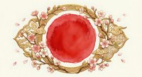 Watercolor Japanese flag surrounded by golden ornate frame with cherry blossom flowers and falling petals on cream background for cultural designs.