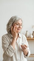Mature woman applying face cream in modern bathroom, anti-aging skincare routine, wellness and self-care concept for middle-aged lifestyle.