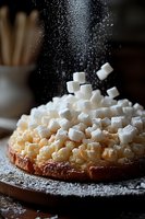 Sugar cubes falling onto creamy dessert pie with powdered sugar dusting, dramatic dark background creates contrast with white toppings and golden filling.
