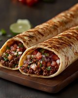 Fresh grilled burritos filled with seasoned ground beef, diced tomatoes, onions and herbs served on wooden cutting board with lime garnish. Mexican cuisine.