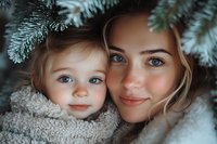 Caucasian mother and daughter share tender moment under snowy pine branches, wearing cozy winter knit sweaters. Close up portrait shows natural connection and warmth.