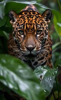 Jaguar portrait with intense gaze emerging from lush rainforest vegetation. Wild cat predator with spotted coat pattern surrounded by tropical green leaves.
