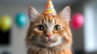 Adorable orange tabby kitten wearing colorful striped party hat celebrating birthday with festive balloons in background for pet celebration concepts.
