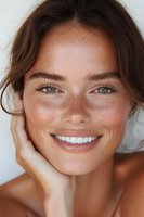 Close up portrait of young woman with freckles and natural makeup smiling at camera against white background. Fresh glowing skin and genuine expression.