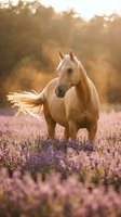 Palomino horse standing in blooming lavender field at golden hour with flowing mane, surrounded by purple flowers and warm sunlight filtering through trees behind.