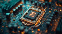 Computer processor socket on modern motherboard with glowing cyan and orange circuit paths, close-up macro photography showing electronic components and connections.