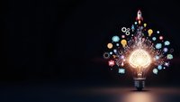 Glowing light bulb with creative innovation icons including rocket, gears, and colorful symbols on dark background representing business ideas and creativity.