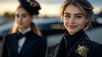 Young female flight attendant in elegant black uniform with golden brooch smiling at sunset, with colleague in background at private aviation terminal.