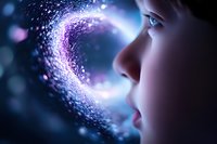 Young woman's profile with glowing magical particles forming heart shape against dark background with bokeh lights and mystical purple glow effects.