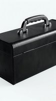 Black metal toolbox with handle isolated on white background, sturdy portable storage case for tools, equipment, and workshop organization.