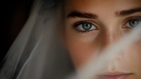 Close up portrait of young Caucasian bride with blue eyes and natural makeup behind white wedding veil, soft focus romantic lighting creates dreamy atmosphere.