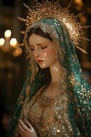 Young woman in emerald green veil and ornate golden crown with tears on face, wearing elaborate embroidered dress against dark background with bokeh lights.