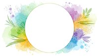 Colorful watercolor frame with tropical leaves and floral elements surrounding white circle space for text or logo design on transparent background.